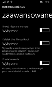 Menu Zaawansowane w Filtr połączeń+SMS