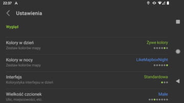 AutoMapa Android - Menu Ustawienia z nowym zestawem kolorów mapy