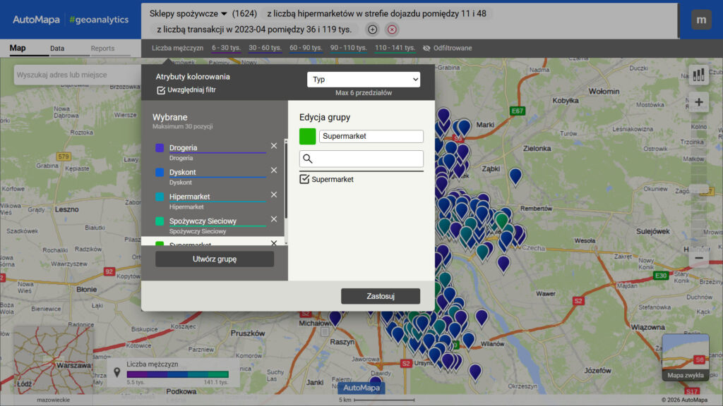 AutoMapa Geoanalytics Atrybuty kolorowania - grupy