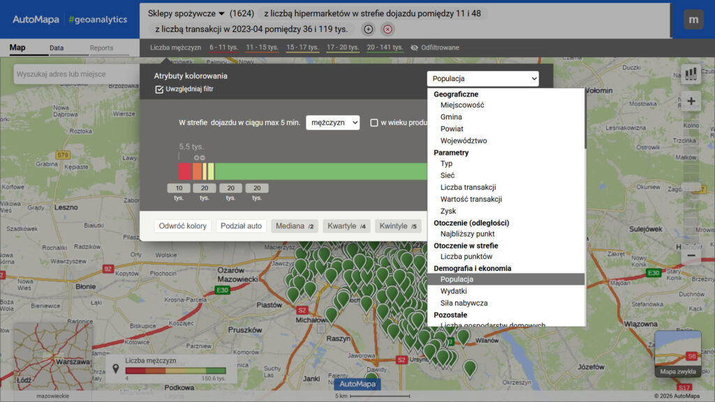 AutoMapa Geoanalytics Atrybuty kolorowania - przedział