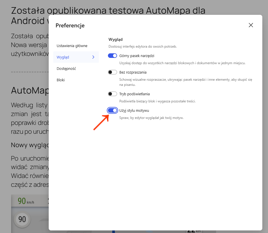 Opcja Użyj stylu motywu