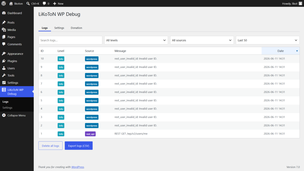 LiKoToN WP Debug Logs tab