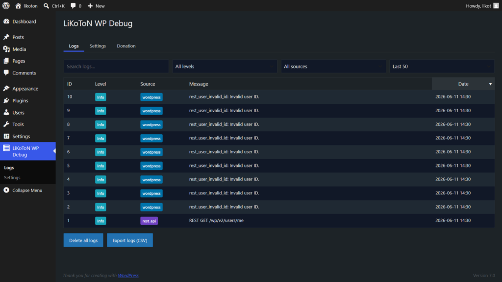 LiKoToN WP Debug Logs tab dark mode