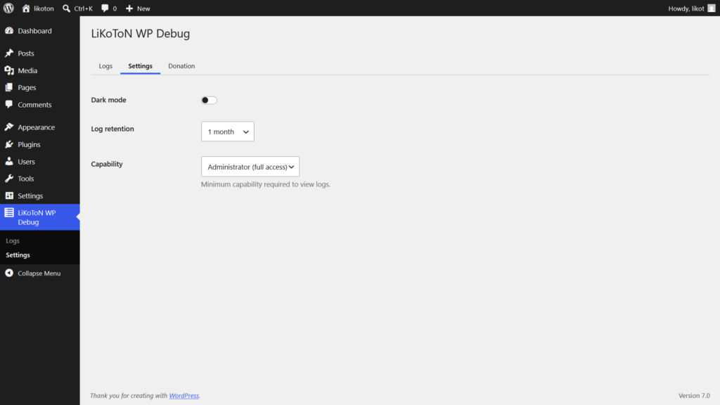 LiKoToN WP Debug Settings tab