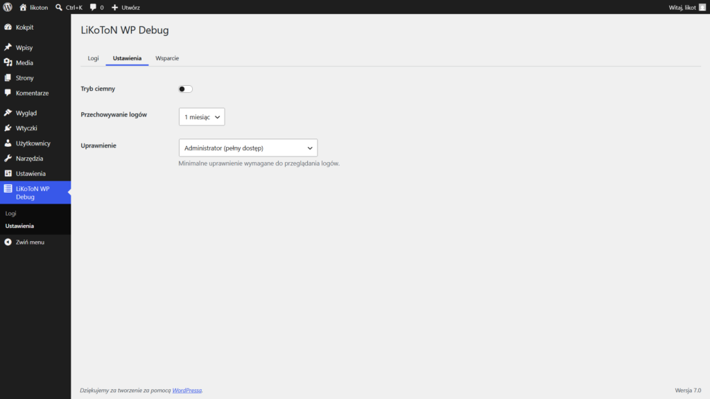 LiKoToN WP Debug Zakładka Ustawienia