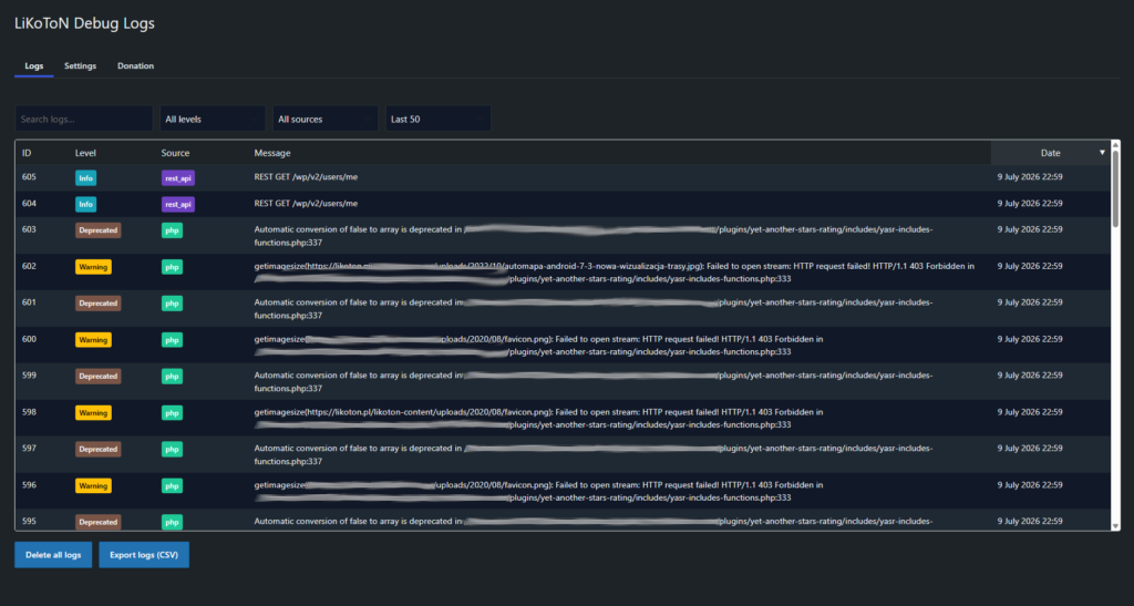 LiKoToN Debug Logs - Logs tab
