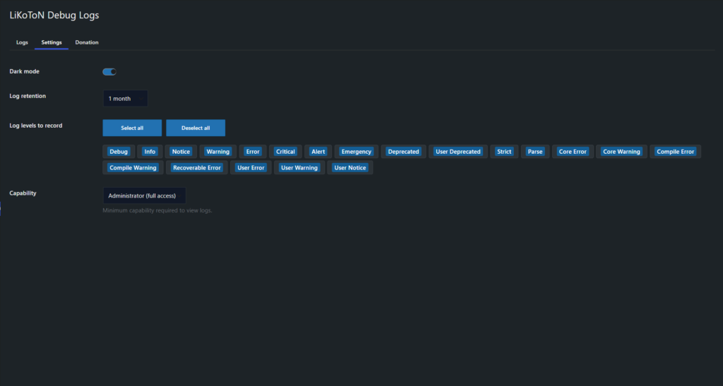LiKoToN Debug Logs - Settings tab