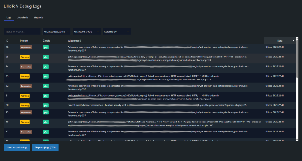 LiKoToN Debug Logs Zakładka Logi