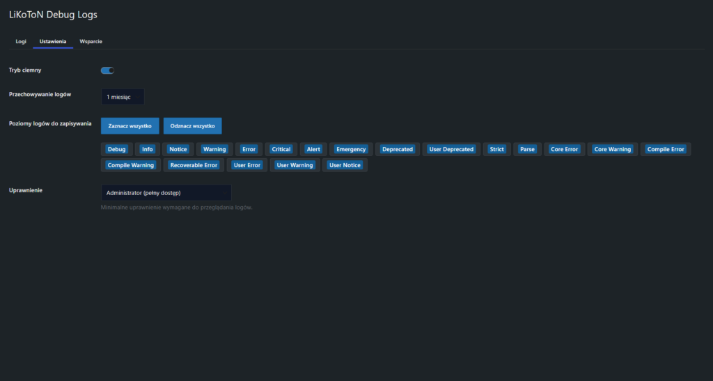 LiKoToN Debug Logs Zakladka Ustawienia